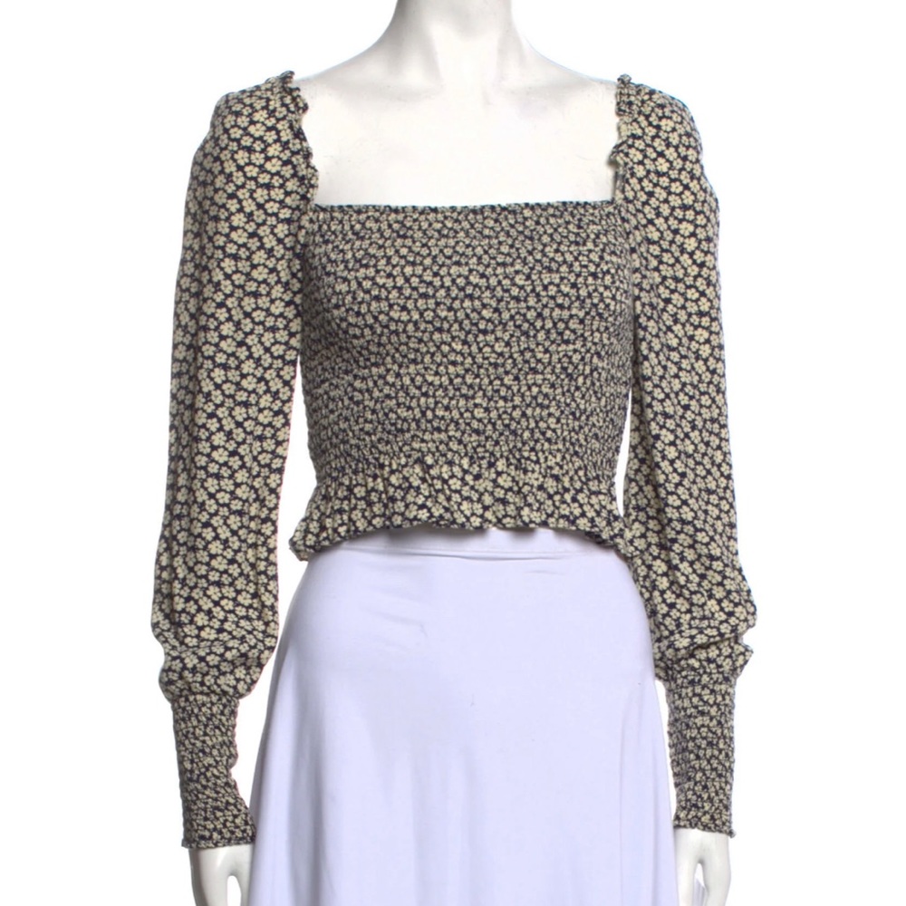 Reformation Navy and Cream Floral Smocked Long-Sleeve Crop Top